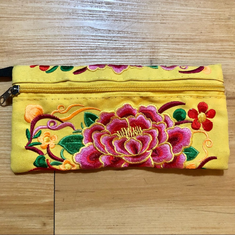 Yellow Floral Embroidered Wristlet Clutch Boho Cottagecore Festival Zipper Pouch